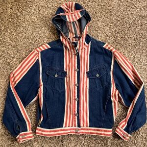90s Armani Jeans Sz Large Striped Hooded Denim Jacket